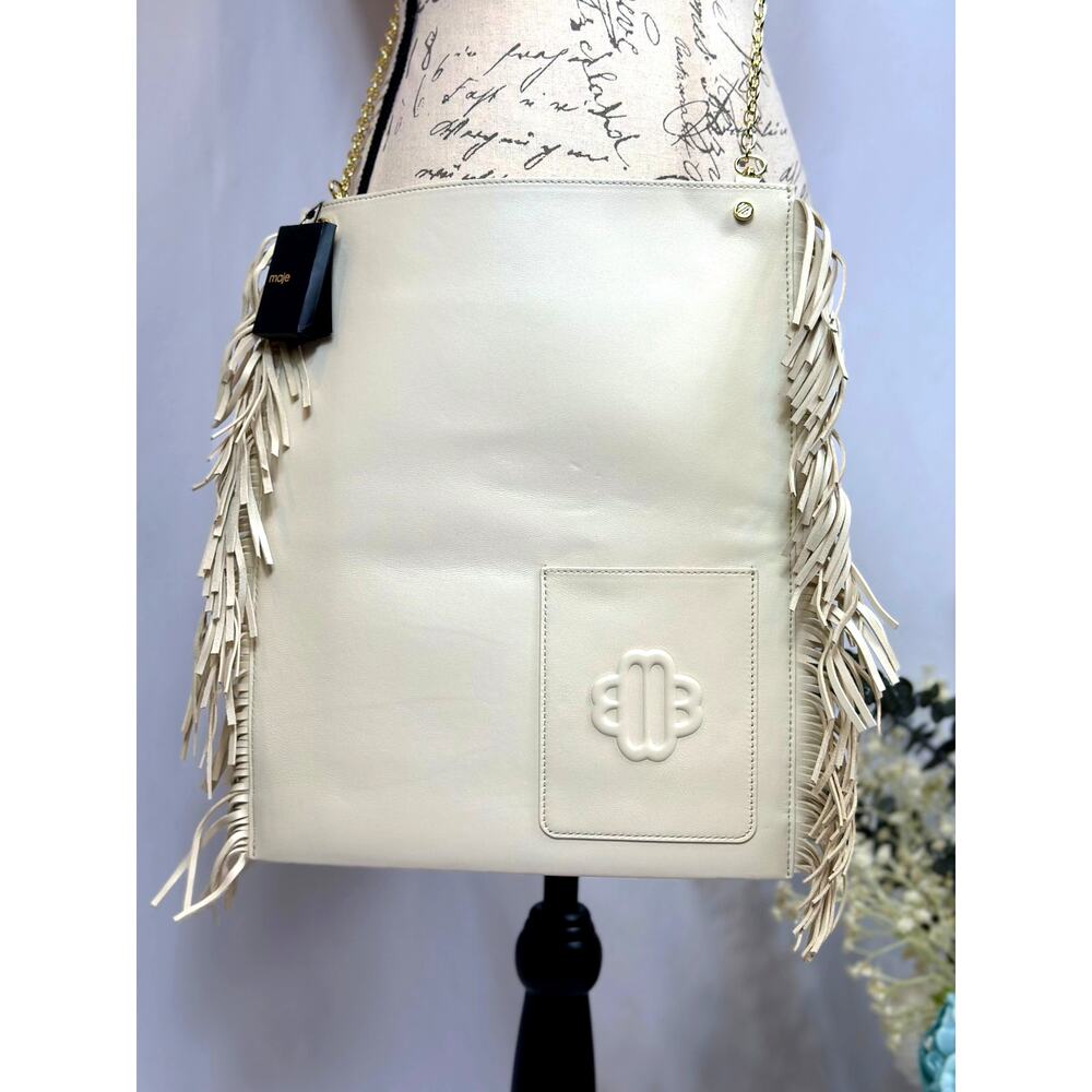 Maje Clover Fringed Sheepskin Leather Bag Vanilla Ecru 14.5" x 12" - Picture 8 of 13